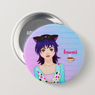 Pretty Anime girl and kawaii cup of coffee 7.5 Cm Round Badge