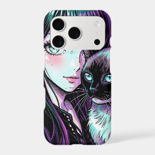 Pretty Anime Girl and Siamese Cat