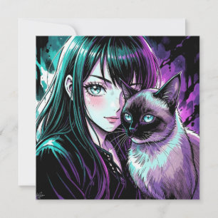 Pretty Anime Girl and Siamese Cat