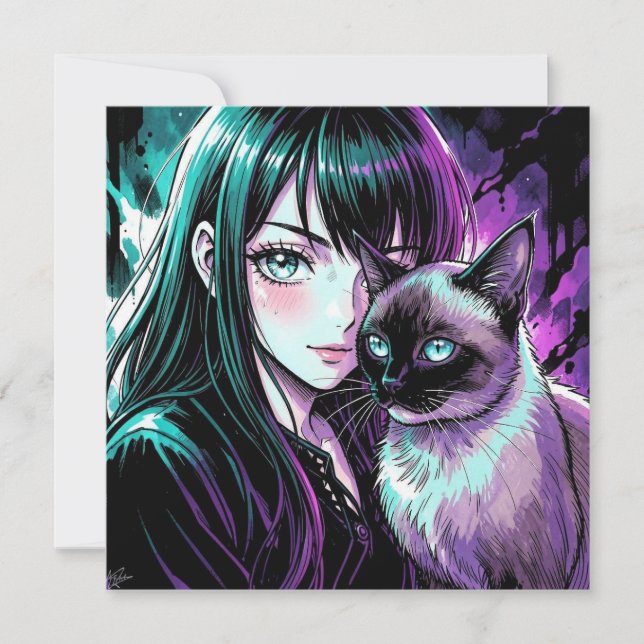 Pretty Anime Girl and Siamese Cat (Front)
