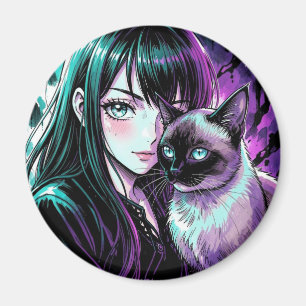 Pretty Anime Girl and Siamese Cat Magnet