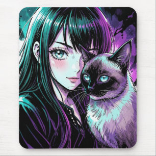 Pretty Anime Girl and Siamese Cat Mouse Pad