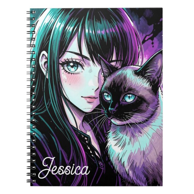 Pretty Anime Girl and Siamese Cat Notebook (Front)