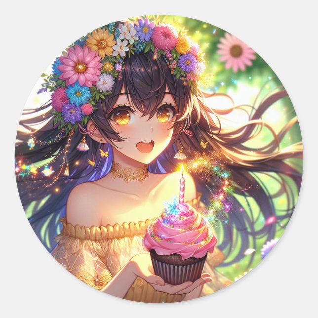 Pretty Anime Girl Birthday  Classic Round Sticker (Front)