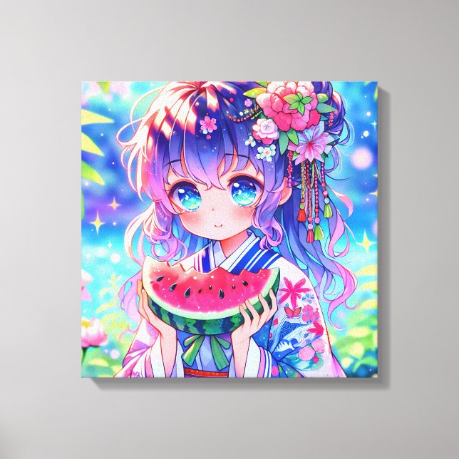 Pretty Anime Girl Eating Watermelon Canvas Print (Front)
