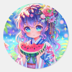 Pretty Anime Girl Eating Watermelon Classic Round Sticker