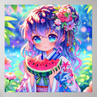 Pretty Anime Girl Eating Watermelon