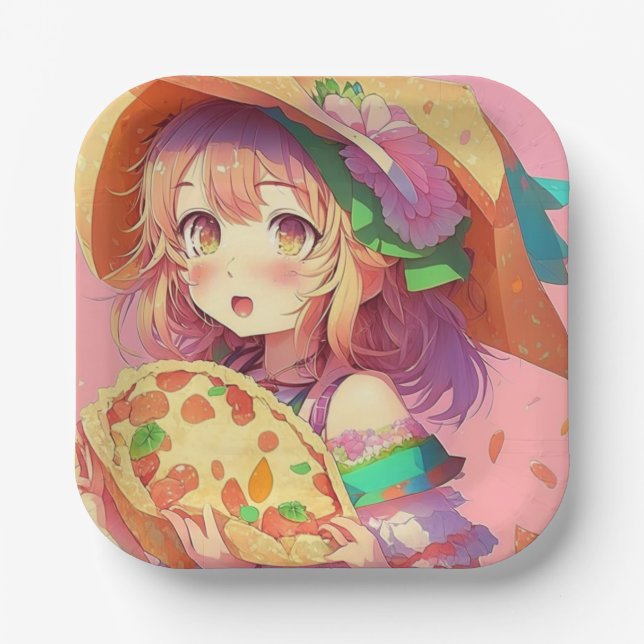 Pretty Anime Girl Holding a Pizza Paper Plate (Front)