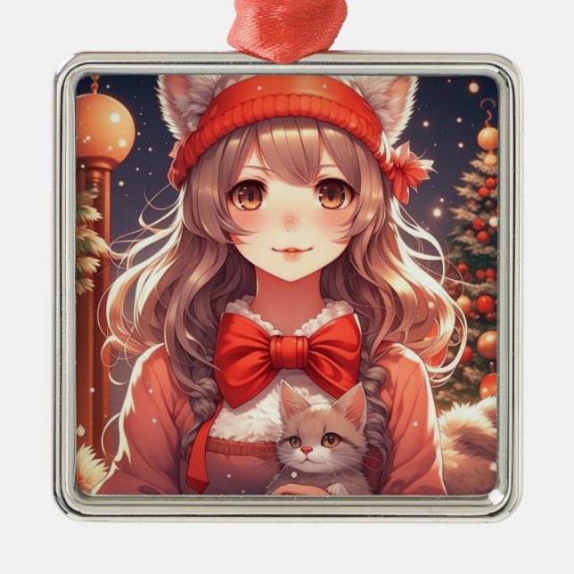 Pretty Anime Girl Holding Kitten Christmas Metal Tree Decoration (Front)