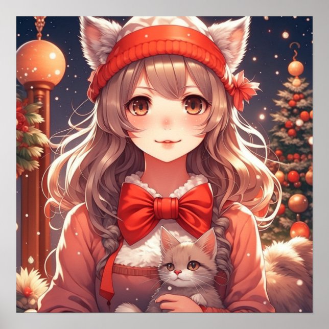 Pretty Anime Girl Holding Kitten Christmas Poster (Front)