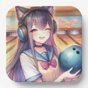 Pretty Anime Girl in Bowling Birthday Party Paper Plate