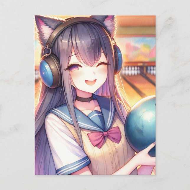 Pretty Anime Girl in Bowling Birthday Party Postcard (Front)