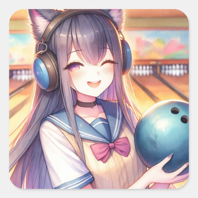 Pretty Anime Girl in Bowling Birthday Party Square Sticker (Front)
