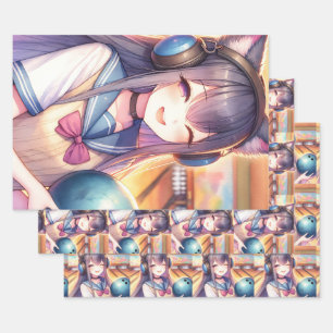 Pretty Anime Girl in Bowling Birthday Party Wrapping Paper Sheet