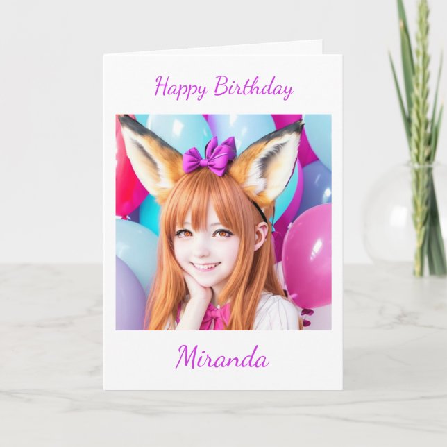 Pretty Anime Girl in fox ears  Balloons Birthday Card (Front)