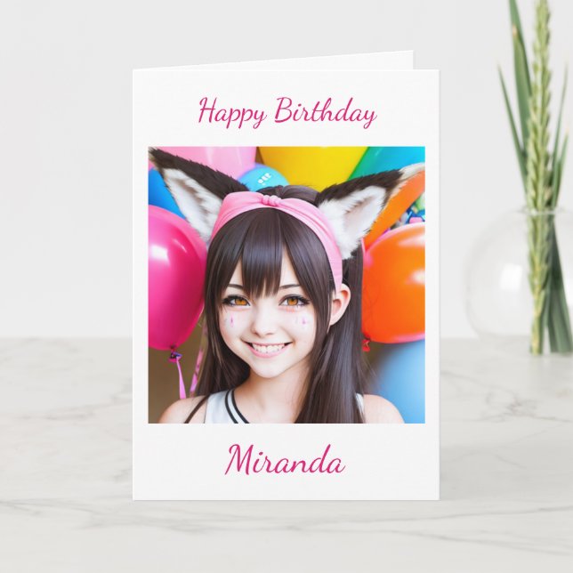 Pretty Anime Girl in fox ears  Balloons Birthday Card (Front)