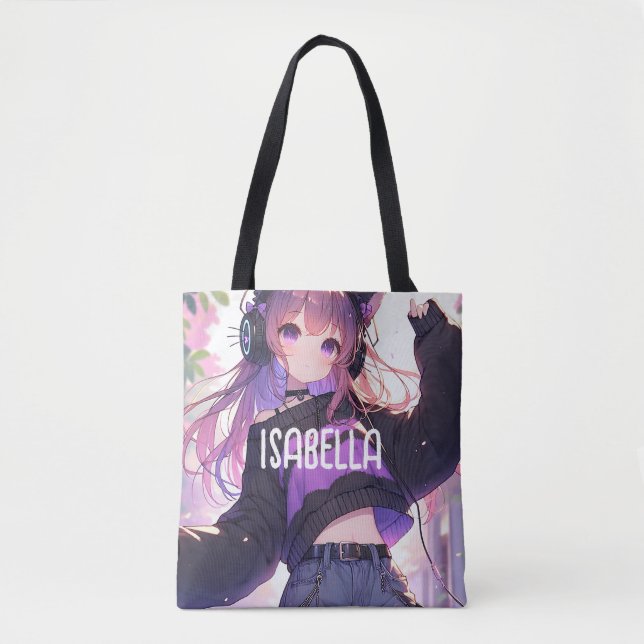 Pretty Anime Girl in Headphones Birthday Tote Bag (Front)