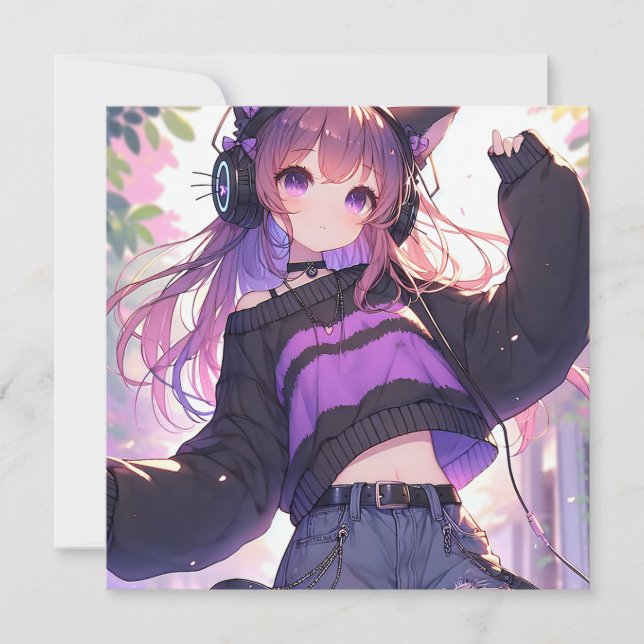 Pretty Anime Girl in Headphones with Cat Ears (Front)
