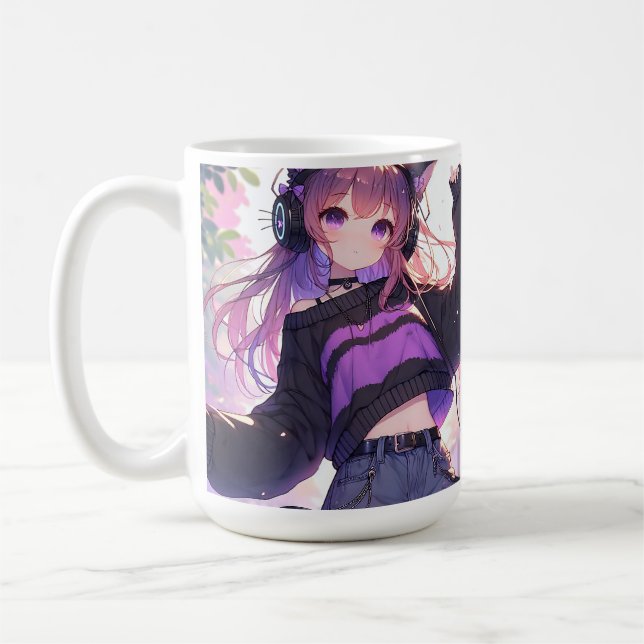 Pretty Anime Girl in Headphones with Cat Ears Coffee Mug (Left)
