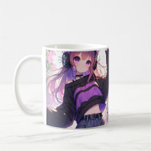 Pretty Anime Girl in Headphones with Cat Ears Coffee Mug