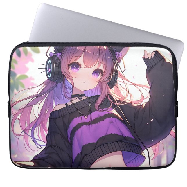 Pretty Anime Girl in Headphones with Cat Ears Laptop Sleeve (Front)