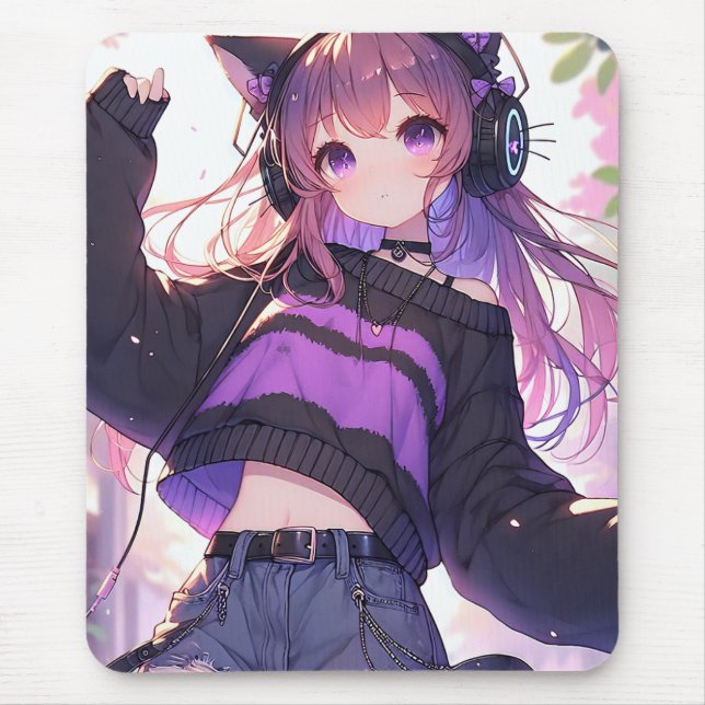 Pretty Anime Girl in Headphones with Cat Ears Mouse Pad (Front)