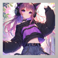 Pretty Anime Girl in Headphones with Cat Ears