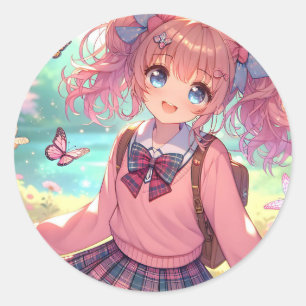 Pretty Anime Girl in Pink Pigtails Classic Round Sticker