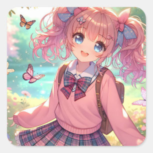 Pretty Anime Girl in Pink Pigtails Square Sticker