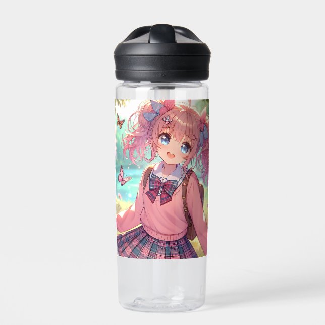 Pretty Anime Girl in Pink Pigtails Water Bottle (Front)