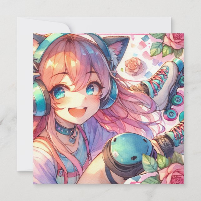 Pretty Anime Girl in Roller skates Birthday Party Invitation (Front)