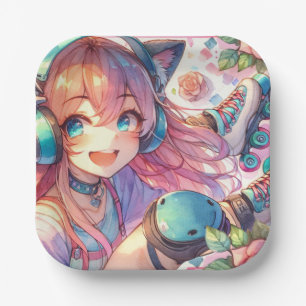 Pretty Anime Girl in Roller skates Birthday Party Paper Plate