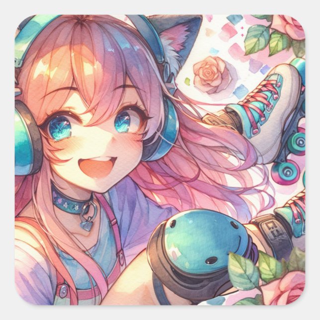 Pretty Anime Girl in Roller skates Birthday Party Square Sticker (Front)