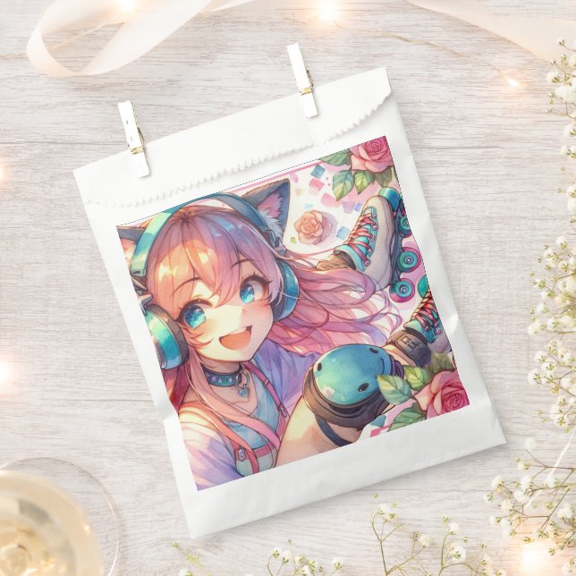 Pretty Anime Girl in Roller skating Birthday Party Favour Bags (Clipped)