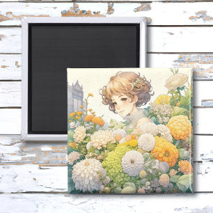 Pretty Anime Girl in Yellow and White Flowers Magnet