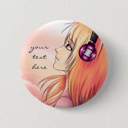 Pretty anime girl listening to music button | Zazzle.co.nz