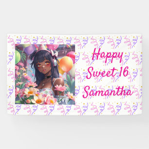 Pretty Anime Girl of Colour Personalised Birthday Banner