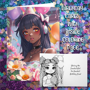 Pretty Anime Girl of Colour Personalised Birthday Card