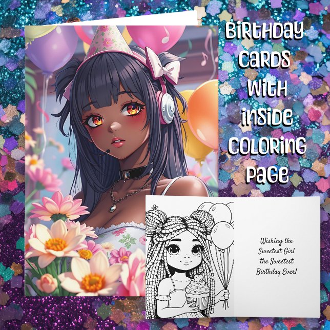 Pretty Anime Girl of Colour Personalised Birthday Card (Creator Uploaded)