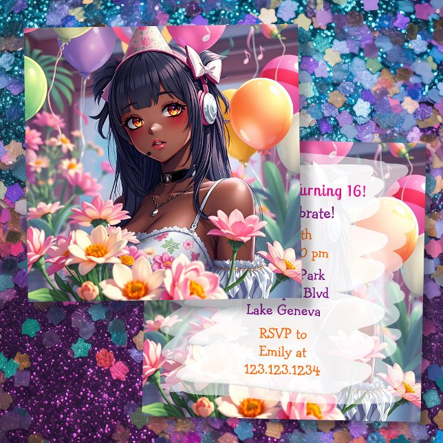 Pretty Anime Girl of Colour Personalised Birthday Invitation (Creator Uploaded)