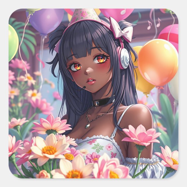 Pretty Anime Girl of Colour Personalised Birthday Square Sticker (Front)