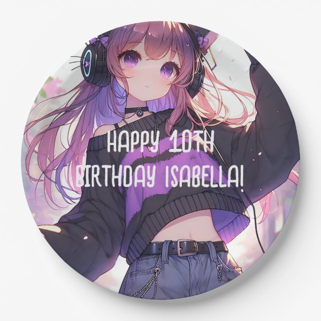 Pretty Anime Girl Personalised Birthday Paper Plate (Front)