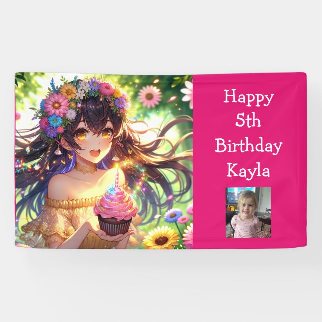Pretty Anime Girl Photo, Age and Name Birthday  Banner (Horizontal)