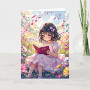 Pretty Anime Girl Reading   Coloring Page Birthday Card