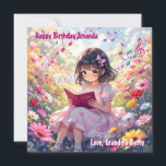 Pretty Anime Girl Reading | Colouring Page Birthda Card<br><div class="desc">A cute birthday card for a daughter,  granddaughter or niece with a cute anime girl reading a book surrounded by flowers and musical notes. Inside you can add her name in the personalise area. There is also a colouring page on the back.</div>