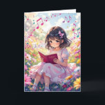 Pretty Anime Girl Reading | Colouring Page Birthda Card<br><div class="desc">A cute birthday card for a daughter,  granddaughter or niece with a cute anime girl reading a book surrounded by flowers and musical notes. Inside you can add her name in the personalise area. There is also a colouring page on the inside.</div>