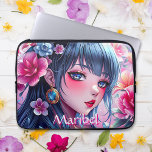 Pretty Anime Girl with Blue Eyes Personalised Laptop Sleeve<br><div class="desc">Personalised tablet cover. Beautiful girl with blue eyes and blue hair surrounded by pink and blue flowers. Pretty floral and anime themed digital ai art.</div>