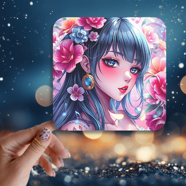 Pretty Anime Girl with Blue Eyes   Square Sticker (Creator Uploaded)