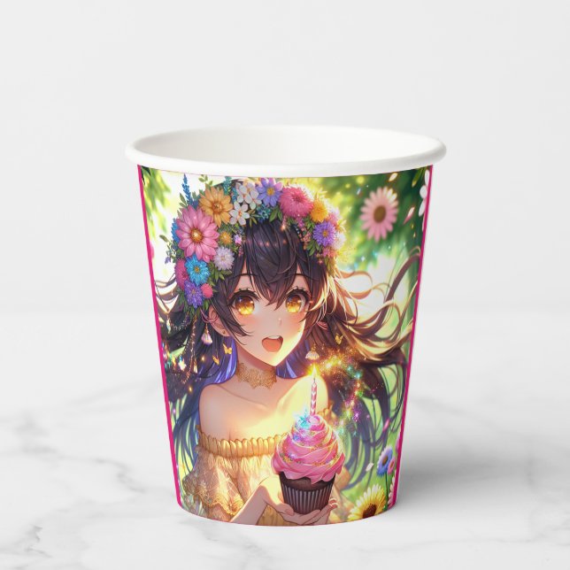 Pretty Anime Girl with Cupcake Birthday  Paper Cups (Back)