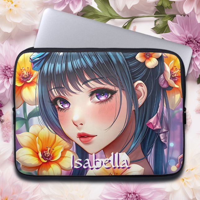 Pretty Anime Girl with Daffodils Personalised Laptop Sleeve (Creator Uploaded)